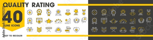 Quality rating icons of rank, reward or grade stars with winner certificate, vector line symbols. Five star rating line icons of best award, top rank achievement review or high quality victory wreath photo