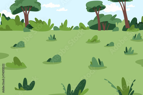 Open location for festival or attraction for weekends. Vector landscape of grass and bushes, trees and empty area free for festivity. Park or space for recreation and fun, picnic or lounge