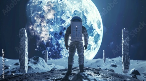 Forgotten Astronaut on Distant Moon with Earthrise, Astronomy-Themed Illustration