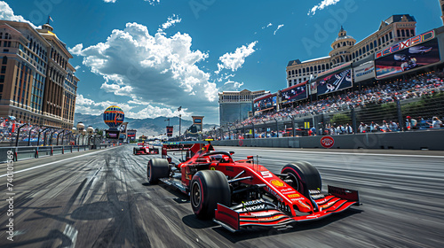 Red racing car speeds on a city street, surrounded by tall buildings and palm trees. photo