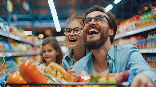 A joyful family using a shopping cart for discounts offers at the supermarket. His expression is one of eager anticipation and joy. AI Generated © Gosgrapher