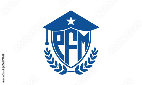 PFM three letter iconic academic logo design vector template. monogram, abstract, school, college, university, graduation cap symbol logo, shield, model, institute, educational, coaching canter, tech