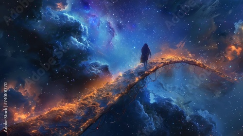 Lonely Wanderer on Star Bridge, Nebula Clouds Below, Fantasy scenery © Gasi