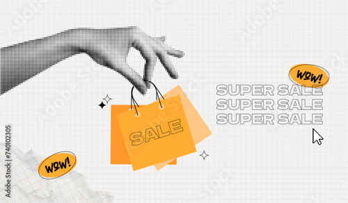 Trendy Halftone Collage Super Sale poster. Hand holding shopping bag. social media promotion and sale. Special discount offer. Online shopping. Announcement and marketing. Contemporary vector art
