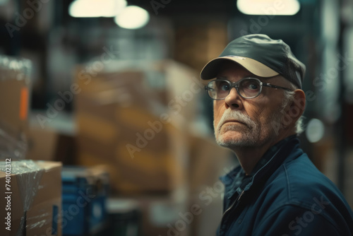 Aging Worker Resents Robot Arm Lifting Boxes in Gloomy Warehouse