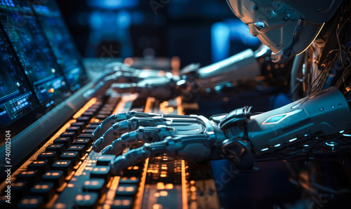 Futuristic robotic arms engaged in cyber operations, typing rapidly on an illuminated keyboard, symbolizing advanced artificial intelligence technology