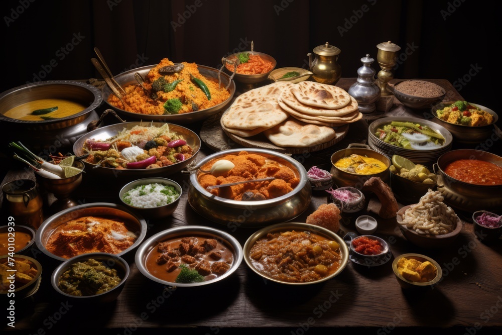 Full table for a banquet with Indian food