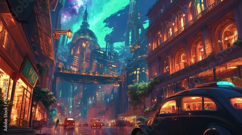 Deserted City Streets with Aurora-Lit Sky and Star Reflections, Surreal Artwork
