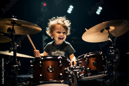 Image of a little funny boy playing with a drum set made with generative AI