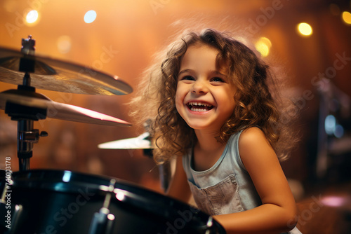 Picture of a happy charming little funny girl playing with a drum set on stage made with generative AI