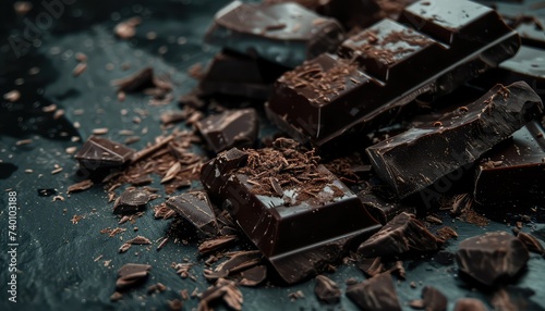 Decadent Dark Chocolate Delight: Broken Pieces and Shavings on a Textured Surface