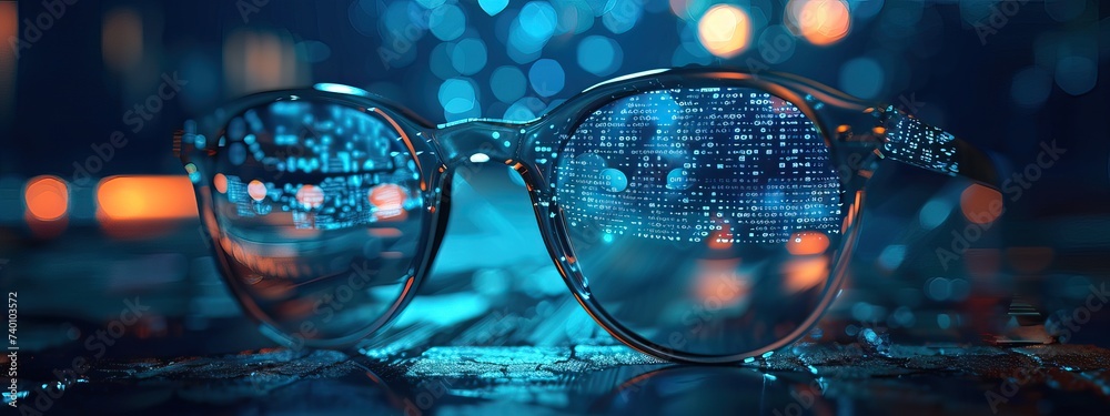 Smart glasses with futuristic technology background. VR/AR goggles. - obrazy, fototapety, plakaty 