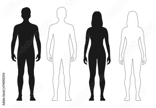 Human body silhouette, man and woman outline figure or patient front view, vector contour. Male and female anatomy model of body for medical line icon or health and medicine patient full body photo
