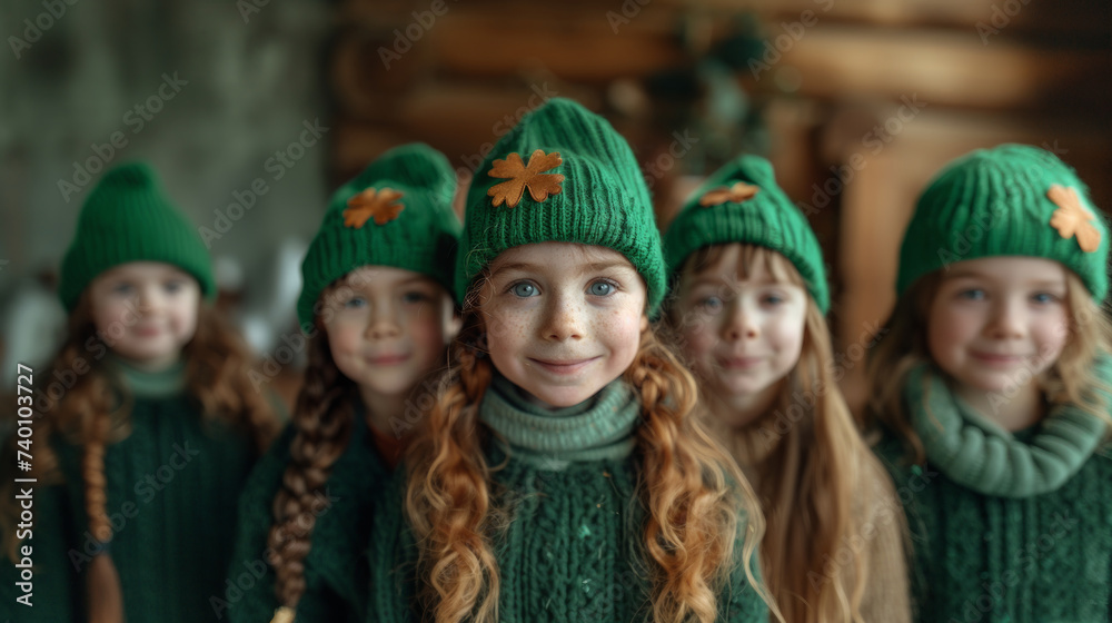 Group of children in warm green hats and scarves celebrating St. Patrick's Day.