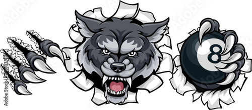 A wolf angry mean pool billiards mascot cartoon character holding a black 8 ball.