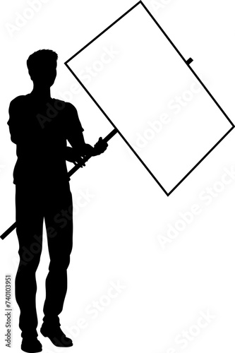Protestor or demonstrator at a demonstration march, picket line or strike protest rally in silhouette. Holding up a banner or picket sign board placard.