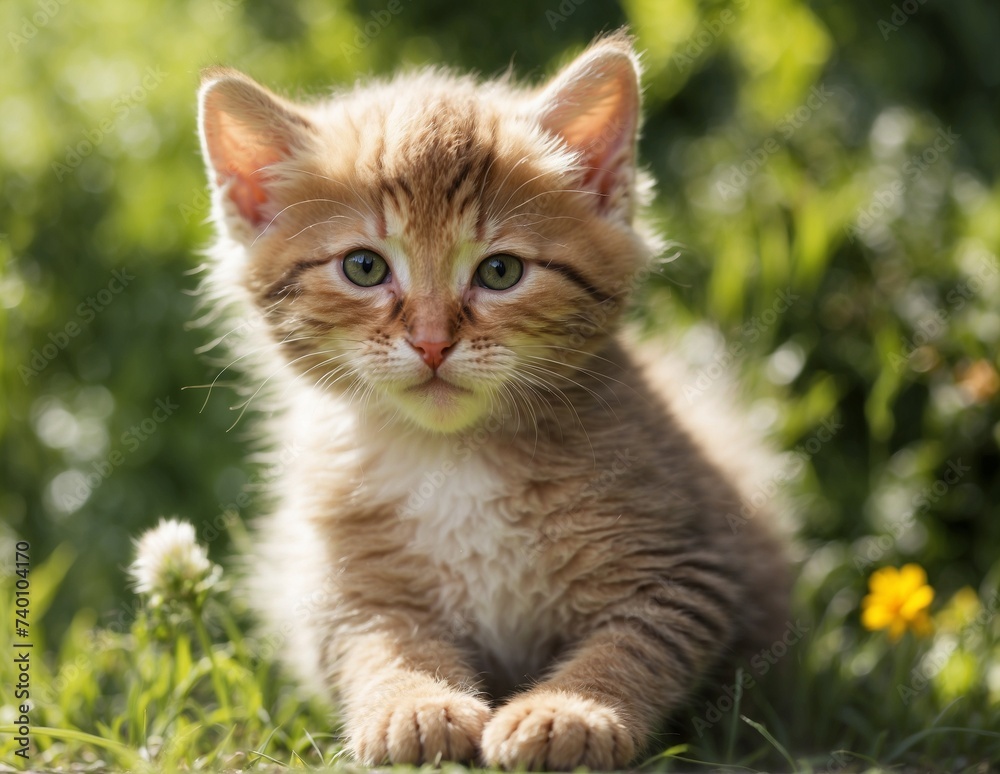 Cute ginger kitten lying in the grass and looking at the camera