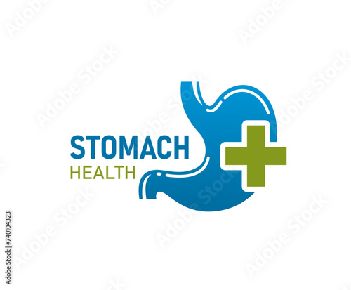 Stomach health icon. Isolated vector gastroenterology clinic emblem of healthy human digestive system and green cross. Medical label of belly, internal gut, tummy or colon care, cure and wellbeing photo