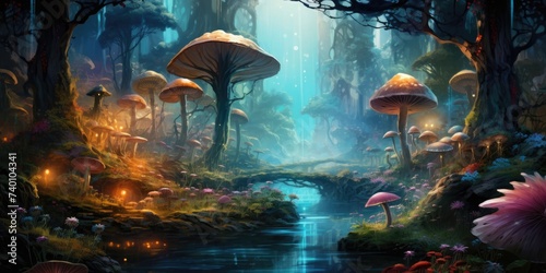 Enchanted Forest With Mushrooms and Stream Generative AI © Johnathan