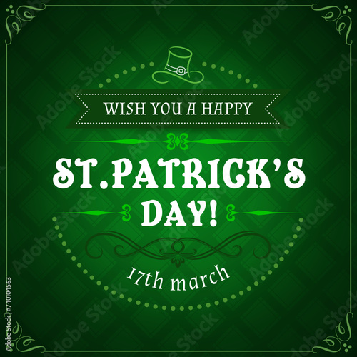 Irish Saint Patricks Day banner with green shamrock and leprechaun hat. Vector greeting quote of Happy St Patrick holiday with lucky clover leaves in frame of celtic pattern border lines and vignettes