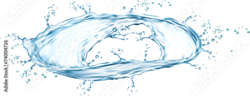 Round water wave flow splash. Isolated realistic 3d vector circle with splashing drops in motion, blue transparent aqua splatters in dynamic movement. Twister, swirl or whirlpool fresh, clear stream photo