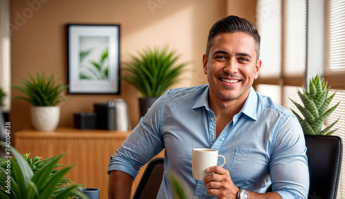 Hombre sonriente tomando café photo