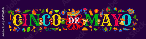 Mexican Cinco de Mayo holiday banner with tex mex cuisine musician characters. Mexico holiday food mariachi vector personages, funny burrito, nachos, chili, avocado and enchilada with sombrero, guitar