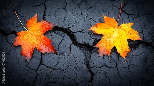 image of a road with a broken asphalt surface and two autumn maple leaves. view from above