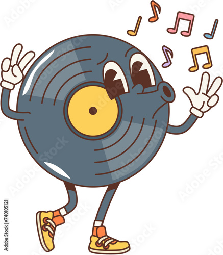Cartoon retro vinyl record groovy character whistle funky melody notes, embodying the soulful vibe of classic music. Isolated vector vintage musical personage radiating nostalgia and playful tunes