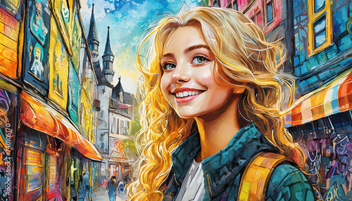 Urban street art, face of a blond girl in the city. Fantasy concept , Illustration painting, art design