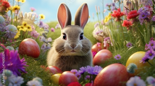 A rabbit sitting peacefully in a field of colorful flowers. Perfect for nature or animal themed designs