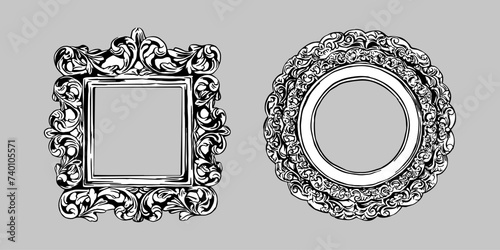 Set of decorative frames of square and round shapes. Frames for photos or mirrors. Vintage  retro design. Elegant  modern style. Hand drawn fashion vector illustration. All elements isolated