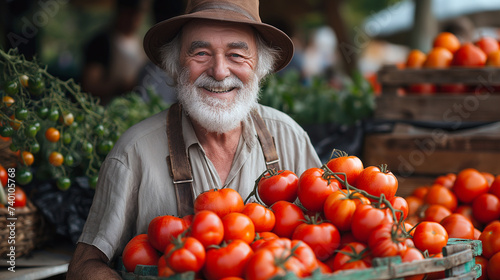 A farmer sells tomatoes in the market.