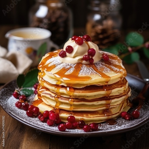 Delicious pancakes with syrup and fresh berries. Perfect for breakfast concept