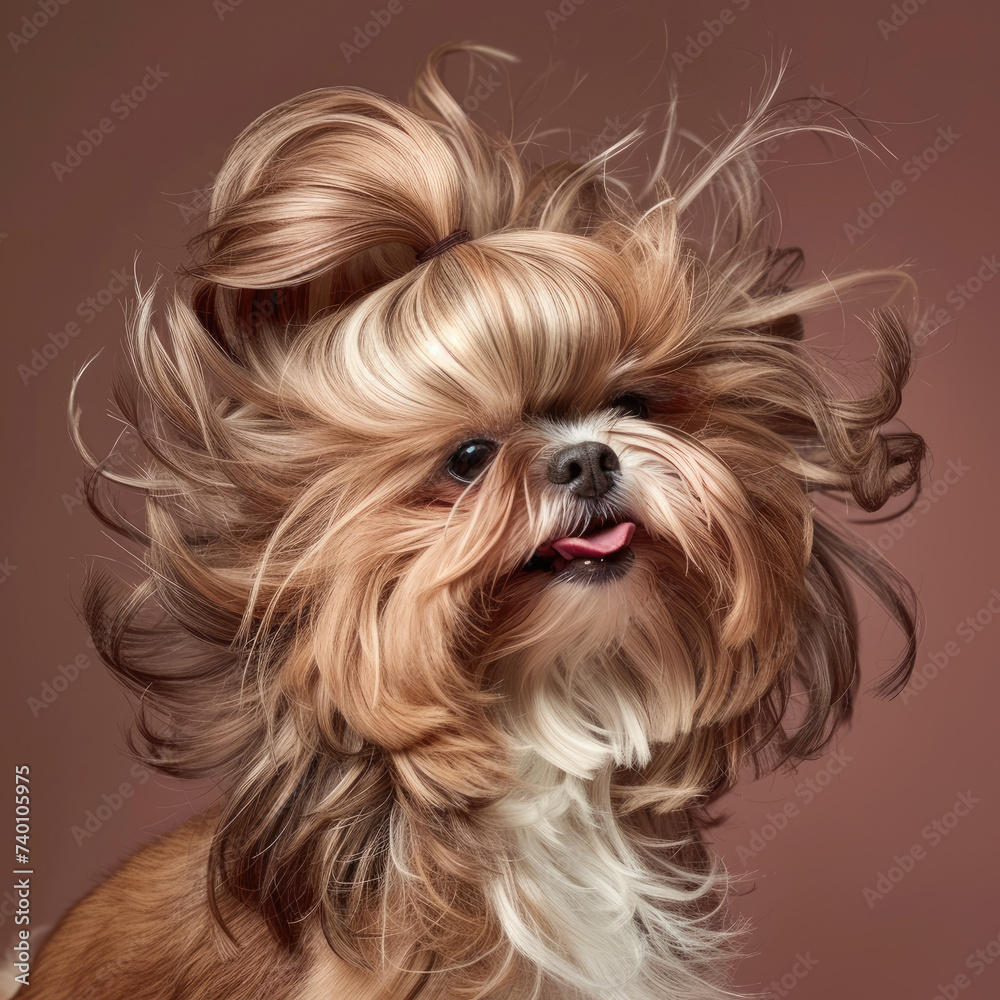 Naklejka premium dog with luxurious hair advertising groomer salon or dog shampoo