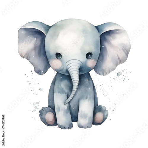 Watercolor baby cute elephant isolated on white background.