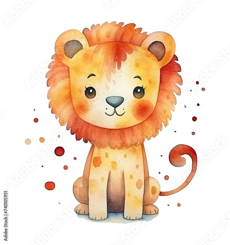 Watercolor childish illustration of young lion isolated on white background.