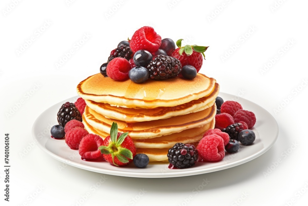 Delicious stack of pancakes topped with fresh berries. Perfect for food blogs and breakfast menus