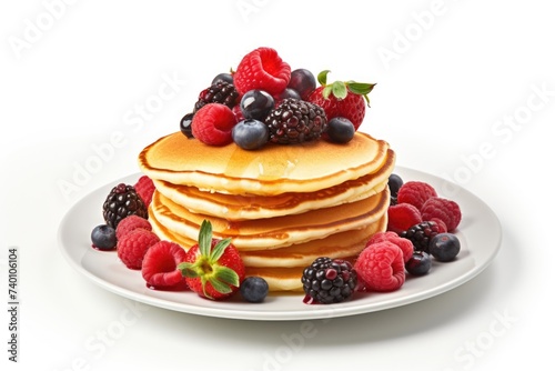 Delicious stack of pancakes topped with fresh berries. Perfect for food blogs and breakfast menus