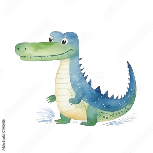 Watercolor cute childish crocodile isolated on white background.