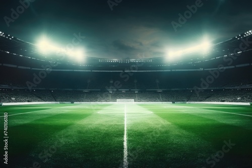 A soccer stadium with a green field and bright lights. Perfect for sports events or soccer-themed projects