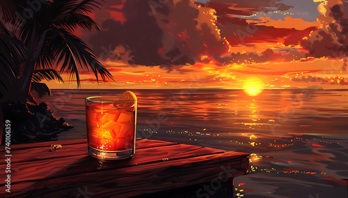 a drink on the dock by a tropical sunset in the style