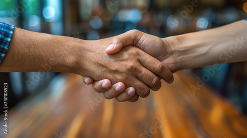 Two individuals engage in a firm handshake over a wooden table, indicating a mutual agreement or greeting.