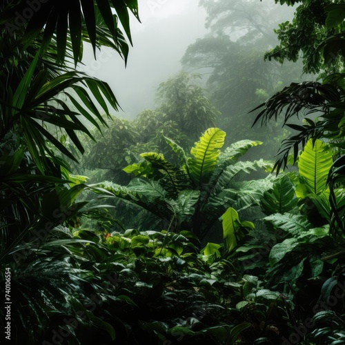 Lush Rainforest Foliage in the Foreground Against a Pristine White Backdrop: A Stunning Natural Contrast