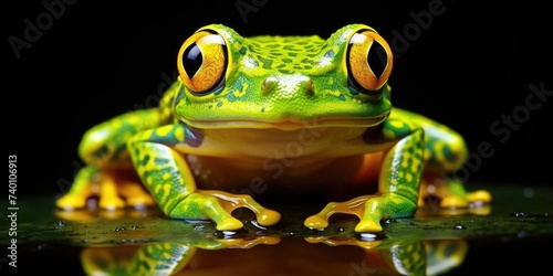 A green frog sitting on top of a leaf covered ground. Suitable for nature and wildlife concepts
