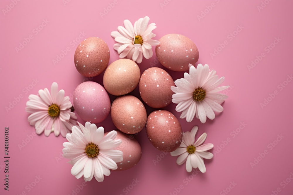 Fresh eggs and colorful flowers on a pink background. Perfect for Easter or spring themed designs Fresh eggs and colorful flowers on a pink background. Perfect for Easter or spring themed designs