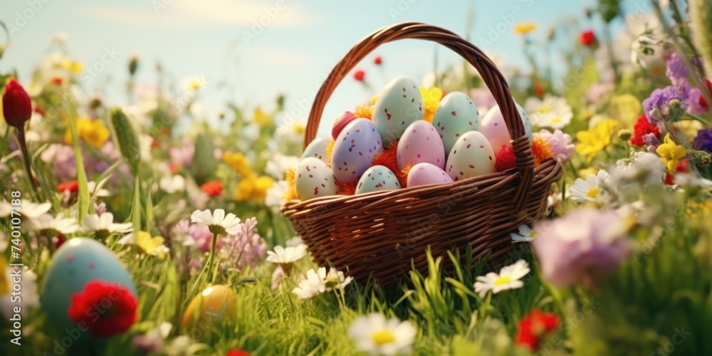 Basket of colorful Easter eggs in a field of blooming flowers. Perfect for Easter holiday decorations Basket of colorful Easter eggs in a field of blooming flowers. Perfect for Easter holiday decorations