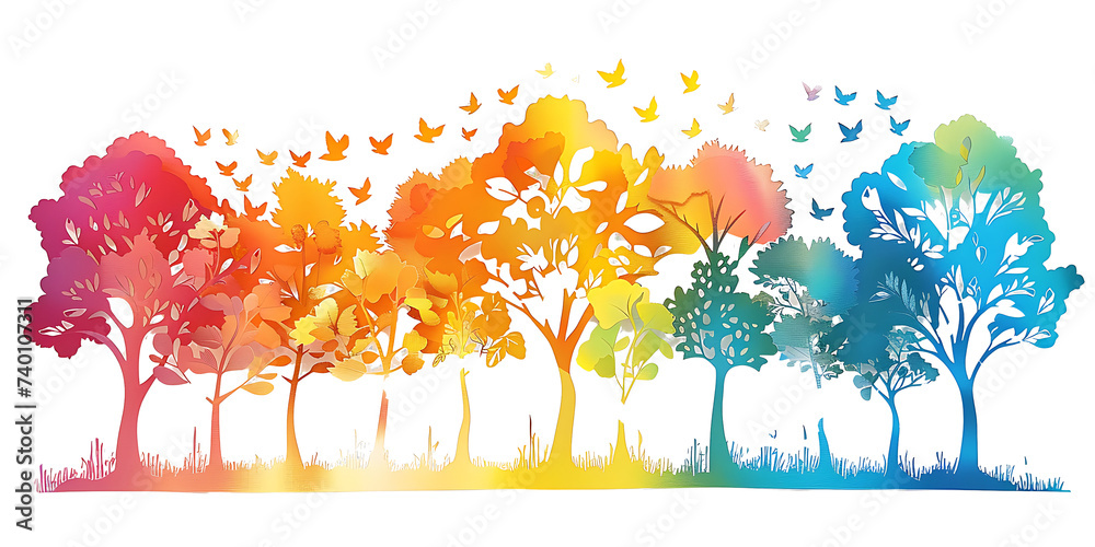 Paper Cut Style of colorful forest on transparent background PNG
