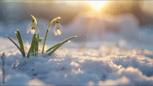 blossom snowdrops on a clearing in the snow in spring, spring concept, nature awakening photo