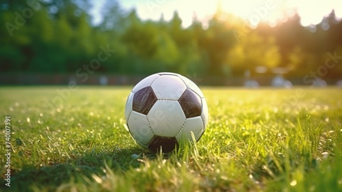 Soccer ball on lush green field, ideal for sports and outdoor concepts